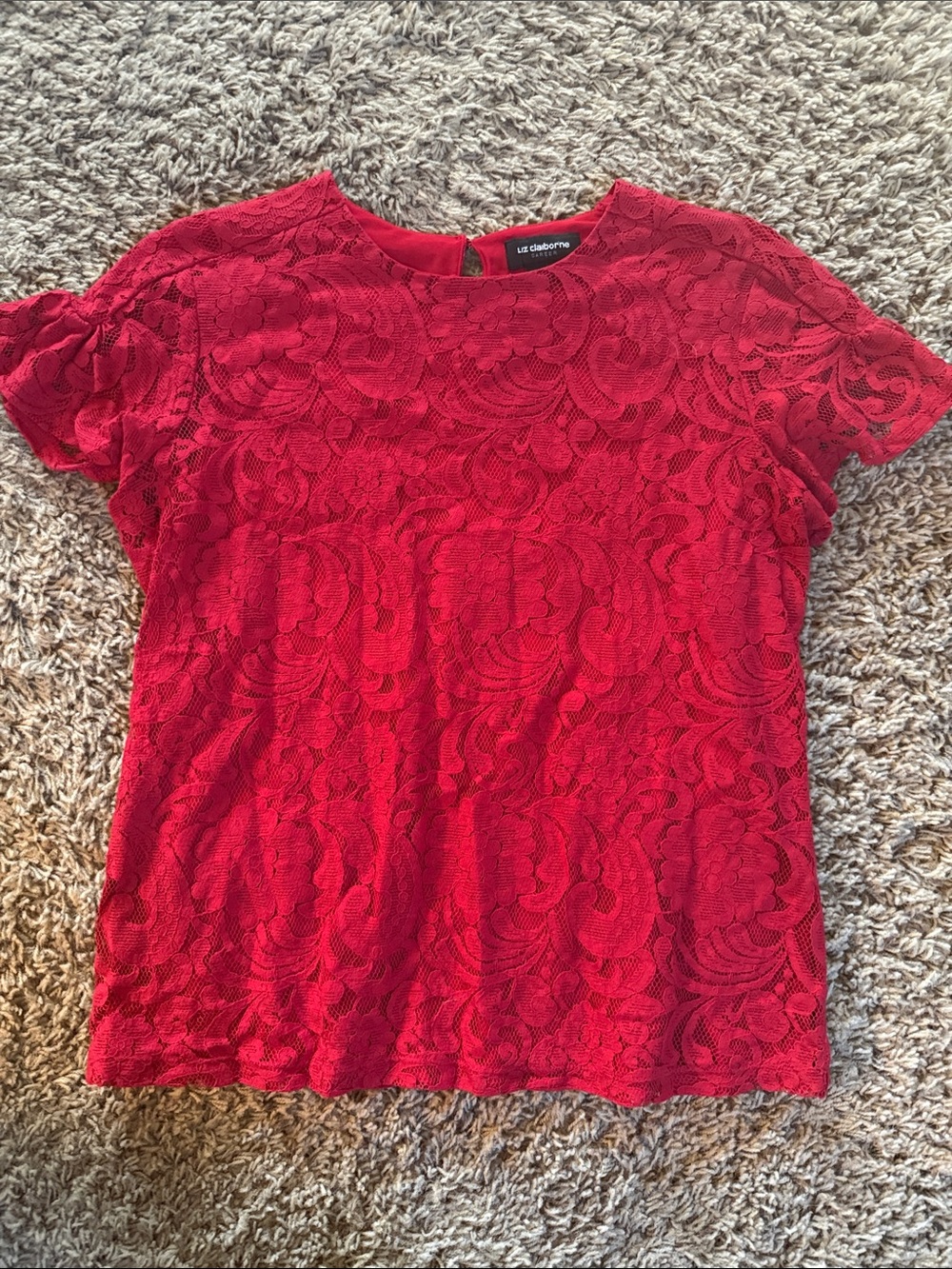 Liz Claiborne Bright Red Lace Short Sleeve Blouse. Size M.